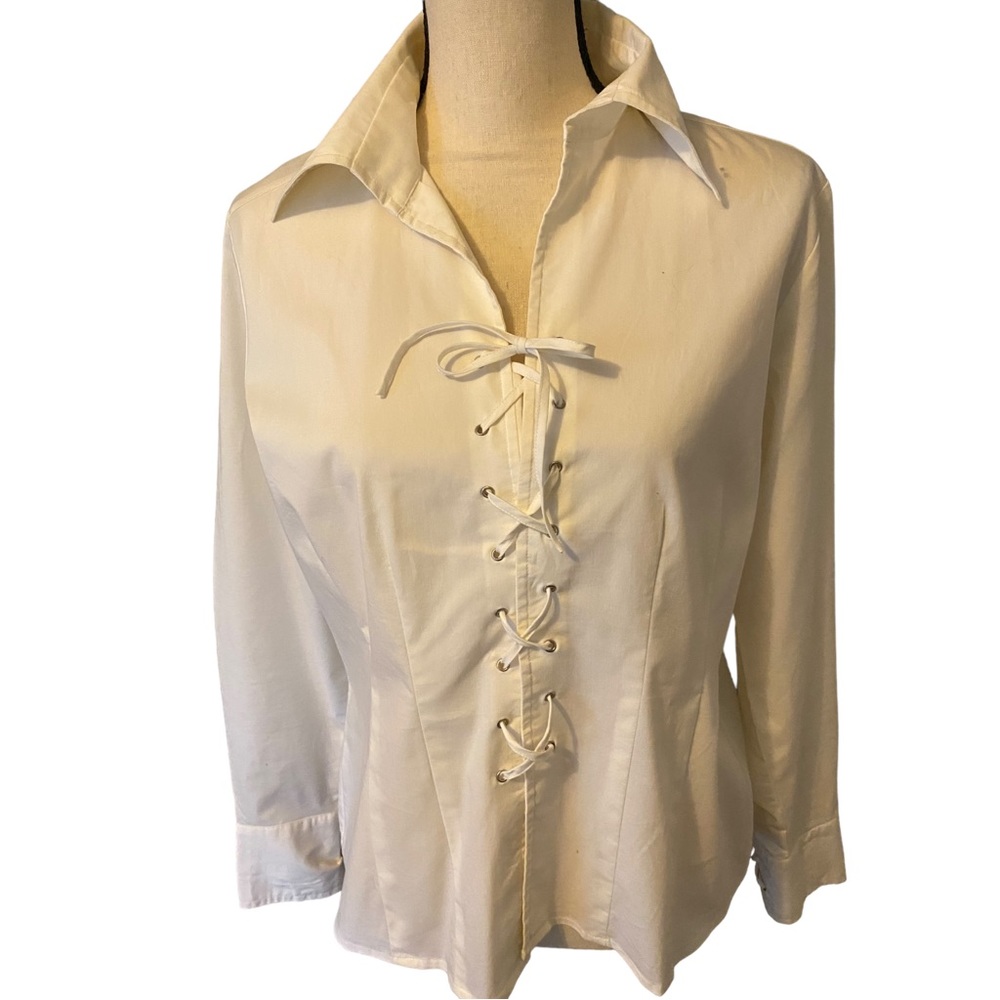 Fred David Womens White (M) Stretch Long Sleeve Collared Blouse